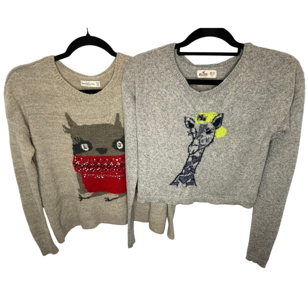 Abercrombie & Hollister Sweaters Women XS/S Gray Tan Owl Giraffe Graphic Bundle